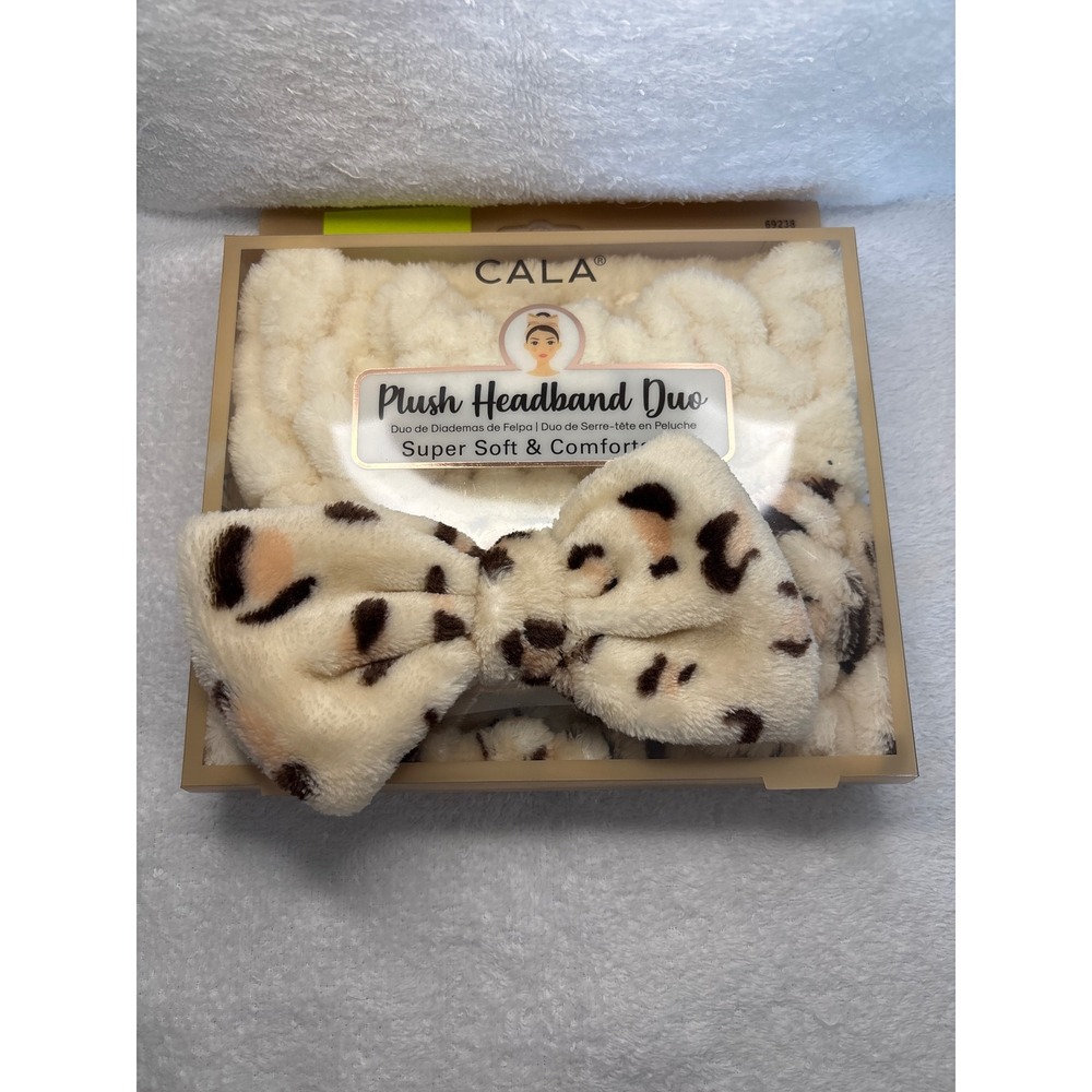 Cala Plush Headband Duo 2pk Cream Leopard Print Spa Makeup Headbands 69238